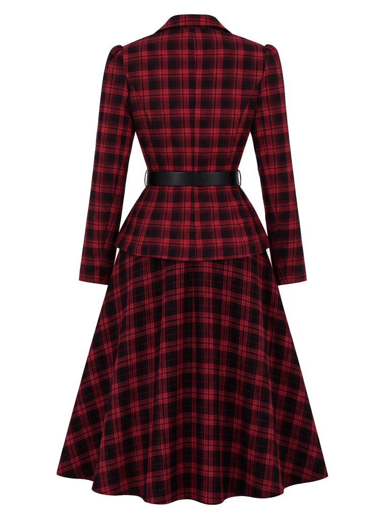 Schwarz-rotes 50er Karo-Blazer & Rock-Set mit Gürtel