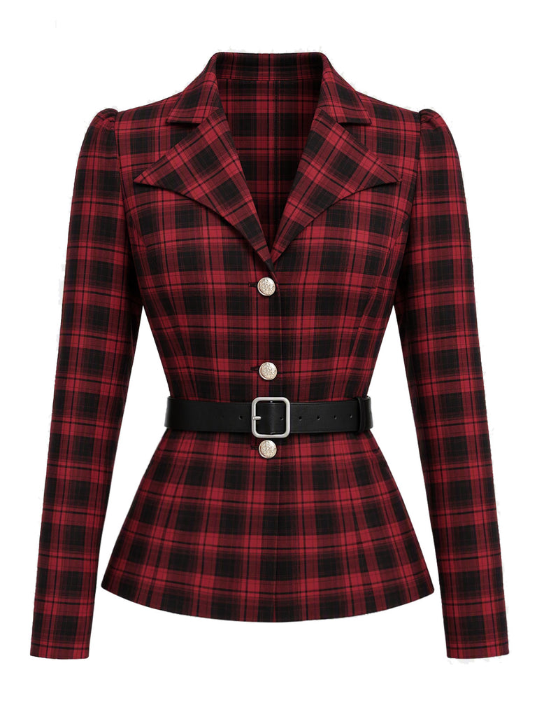 Schwarz-rotes 50er Karo-Blazer & Rock-Set mit Gürtel