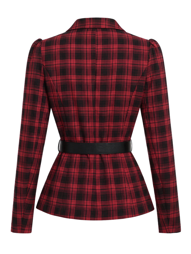 Schwarz-rotes 50er Karo-Blazer & Rock-Set mit Gürtel