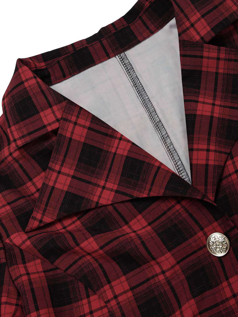 [Vorverkauf] Schwarz-rotes 50er Karo-Blazer & Rock-Set mit Gürtel