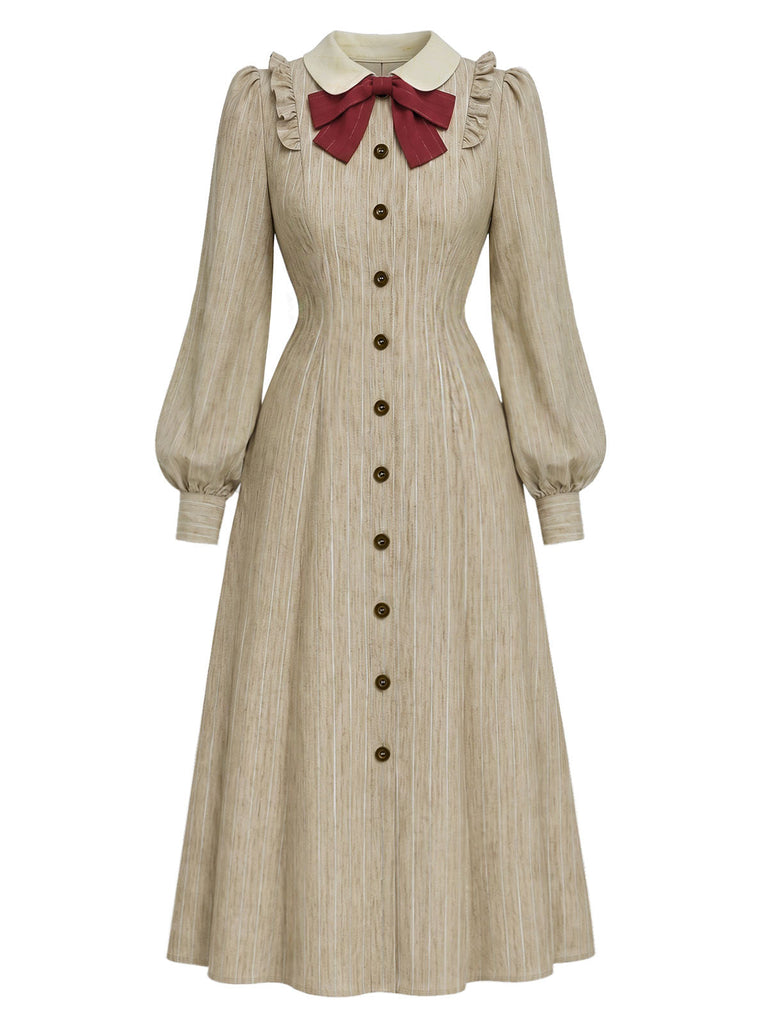 Beige 40er Kleid mit Peter-Pan-Kragen und Schleife