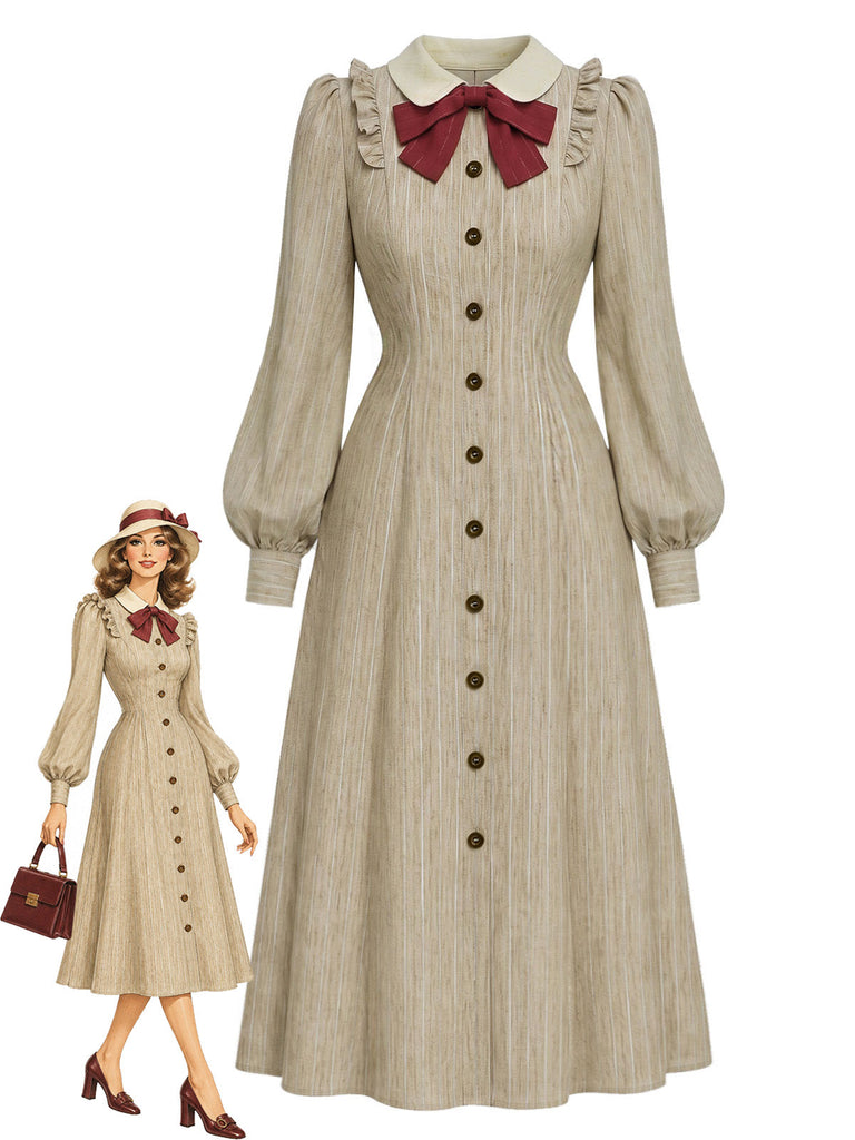 Beige 40er Kleid mit Peter-Pan-Kragen und Schleife