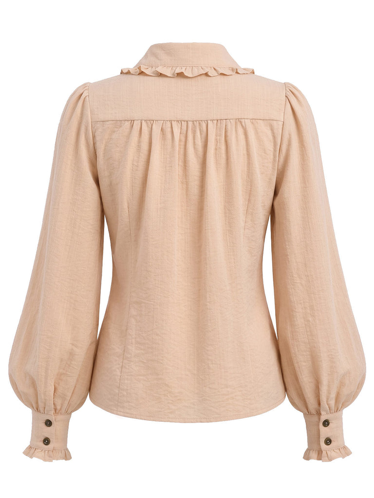 Beige 70er Bluse mit Rüschenkragen und Ballonärmeln