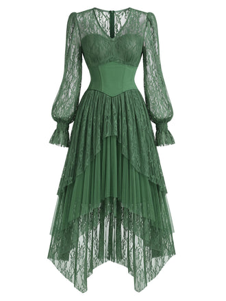 Seegrünes 70er Lagenkleid mit Spitze und asymmetrischem Saum
