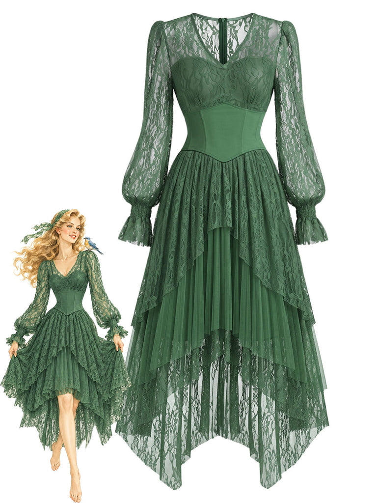 Seegrünes 70er Lagenkleid mit Spitze und asymmetrischem Saum