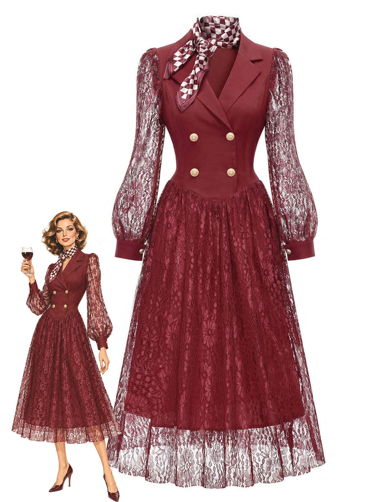 70er Spitzenkleid mit Doppelknopfleiste und Schal