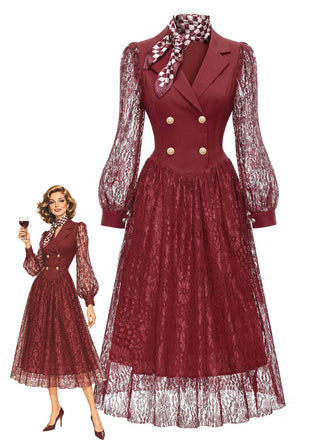 70er Spitzenkleid mit Doppelknopfleiste und Schal