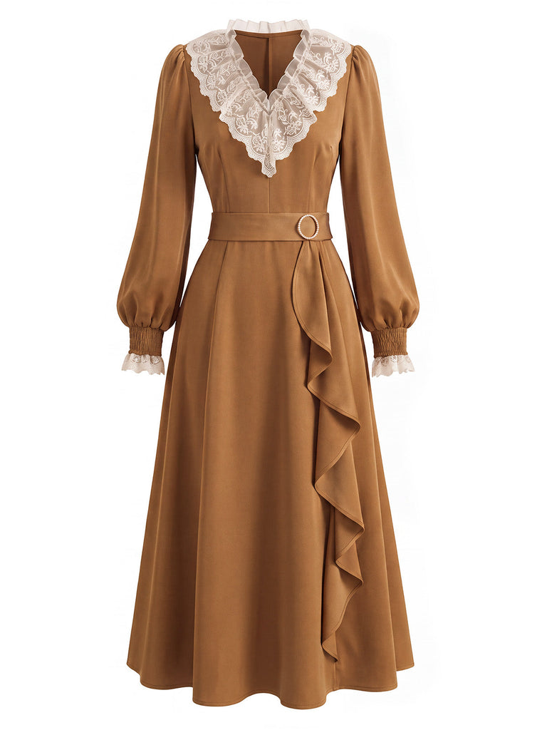 Braunes 30er Kleid mit Spitzen-V-Ausschnitt und Rüschen