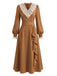 Braunes 30er Kleid mit Spitzen-V-Ausschnitt und Rüschen