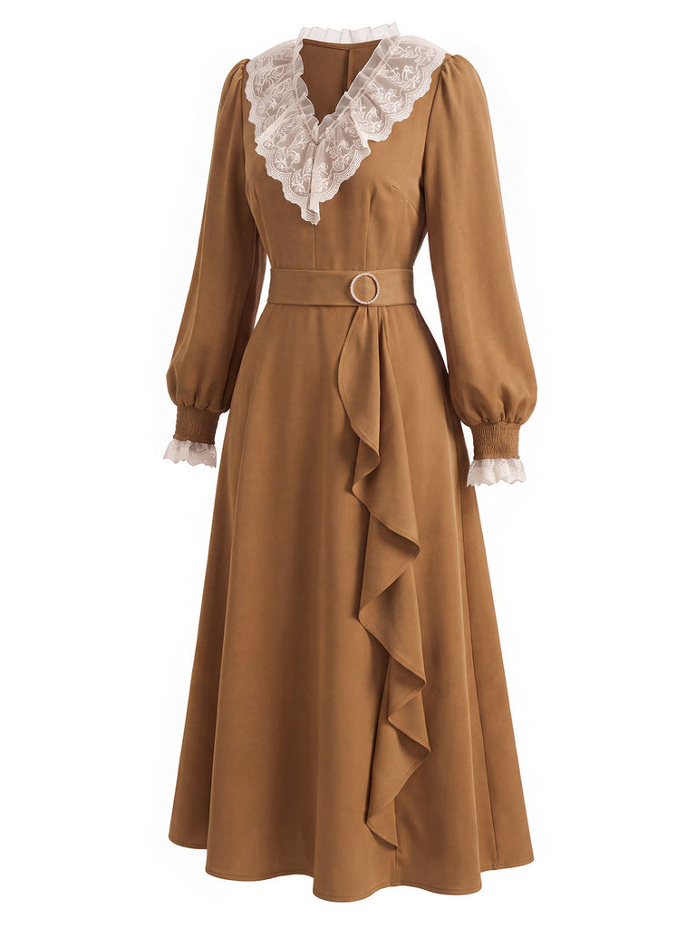 Braunes 30er Kleid mit Spitzen-V-Ausschnitt und Rüschen