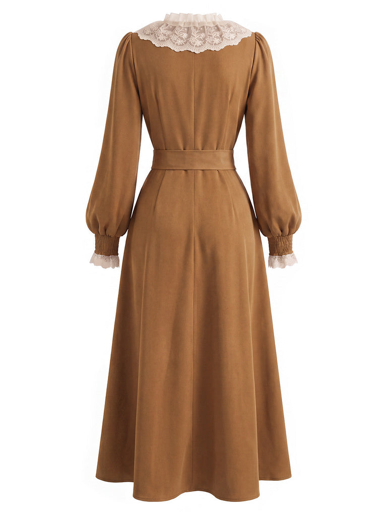Braunes 30er Kleid mit Spitzen-V-Ausschnitt und Rüschen