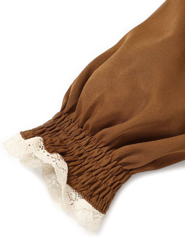 Braunes 30er Kleid mit Spitzen-V-Ausschnitt und Rüschen