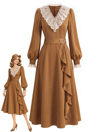 Braunes 30er Kleid mit Spitzen-V-Ausschnitt und Rüschen