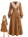 Braunes 30er Kleid mit Spitzen-V-Ausschnitt und Rüschen