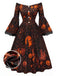 50er schulterfreies Kleid mit Kürbis-Schloss-Print und Glockenärmeln