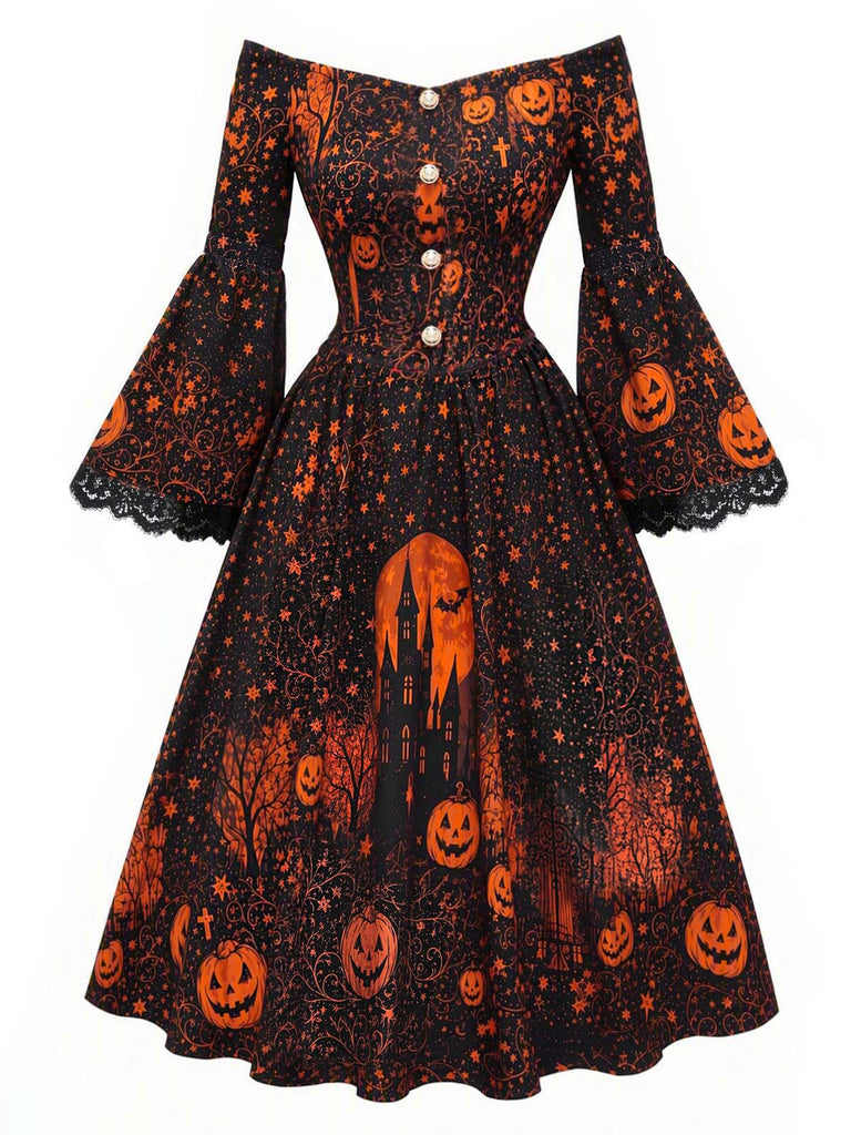 50er schulterfreies Kleid mit Kürbis-Schloss-Print und Glockenärmeln