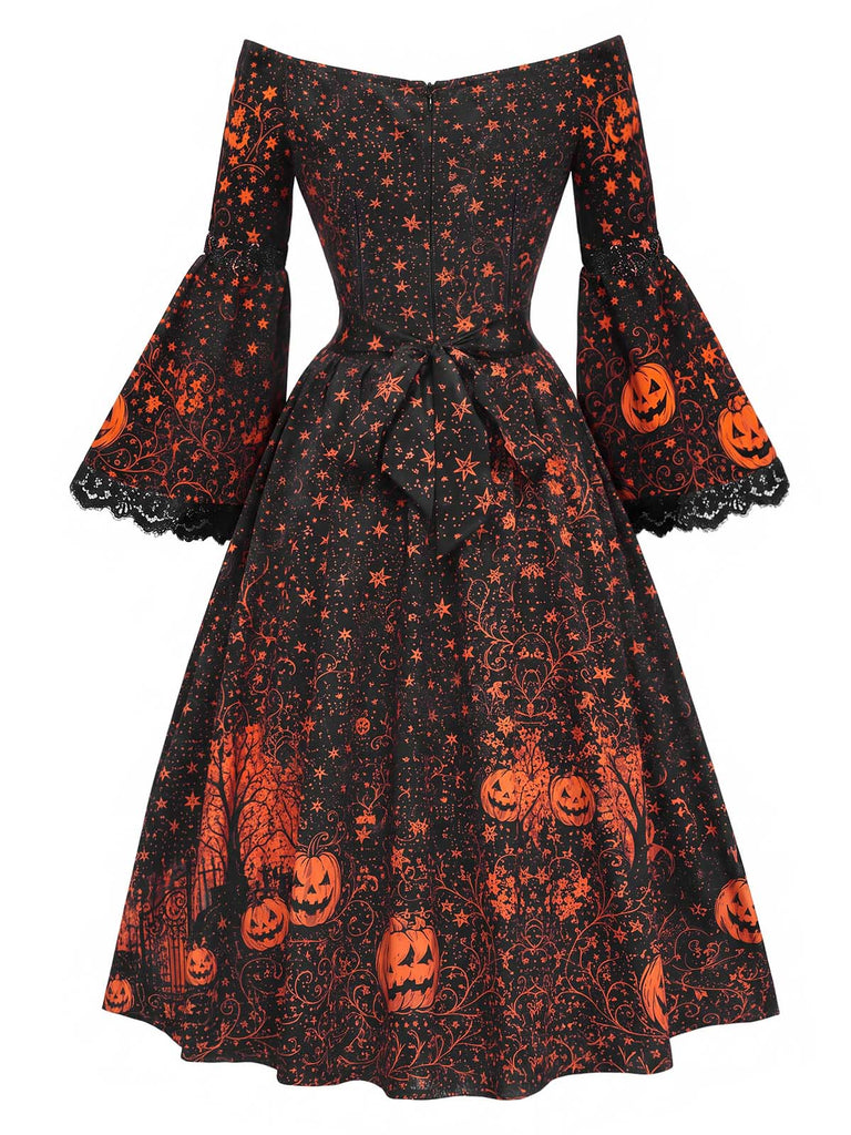 50er schulterfreies Kleid mit Kürbis-Schloss-Print und Glockenärmeln