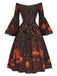50er schulterfreies Kleid mit Kürbis-Schloss-Print und Glockenärmeln