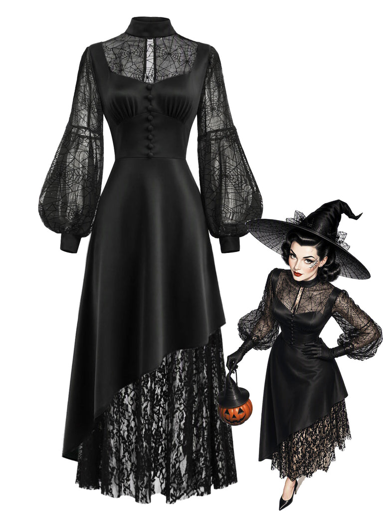 Schwarzes 30er asymmetrisches Kleid mit Spinnennetzspitze
