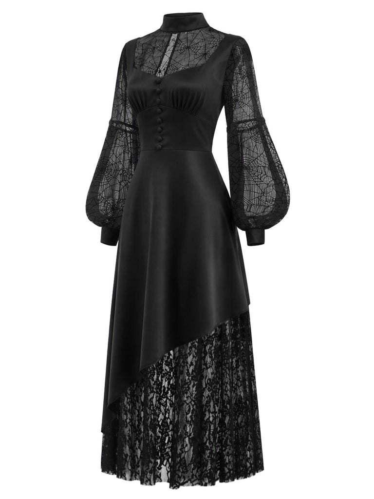 Schwarzes 30er asymmetrisches Kleid mit Spinnennetzspitze