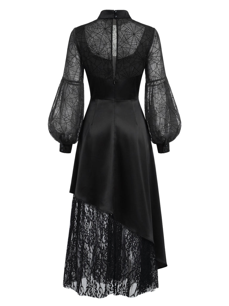 Schwarzes 30er asymmetrisches Kleid mit Spinnennetzspitze