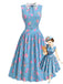 Blaues 50er ärmelloses Kleid mit Blumen und Spitzenkragen