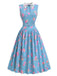 Blaues 50er ärmelloses Kleid mit Blumen und Spitzenkragen