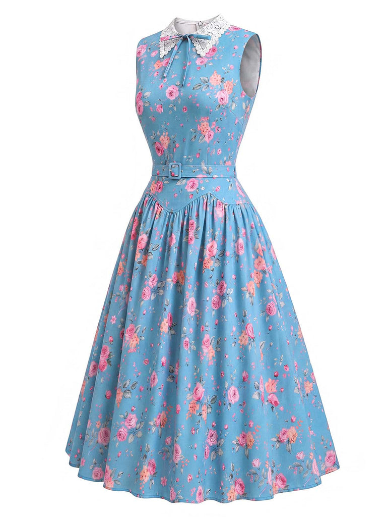 Blaues 50er ärmelloses Kleid mit Blumen und Spitzenkragen