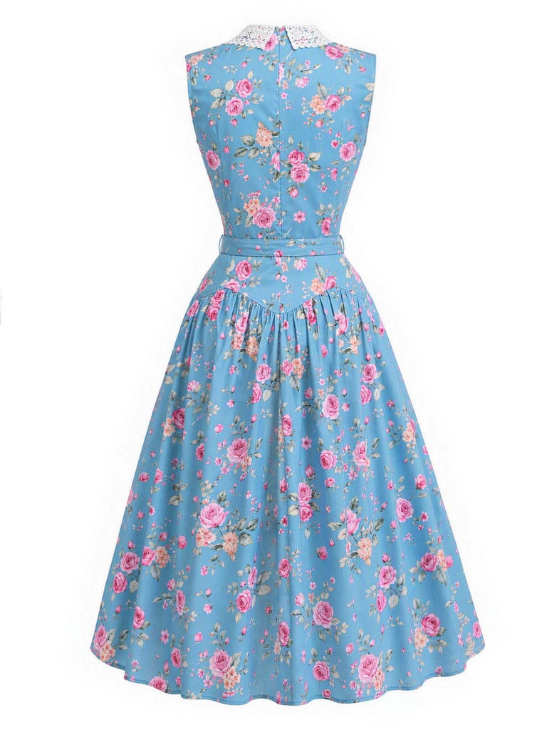 Blaues 50er ärmelloses Kleid mit Blumen und Spitzenkragen