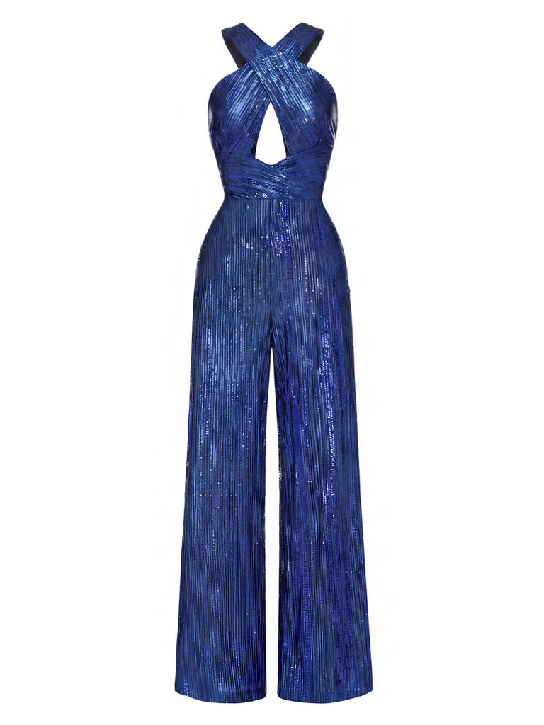 70er Pailletten-Jumpsuit mit Kreuz-Cut-out und Neckholder