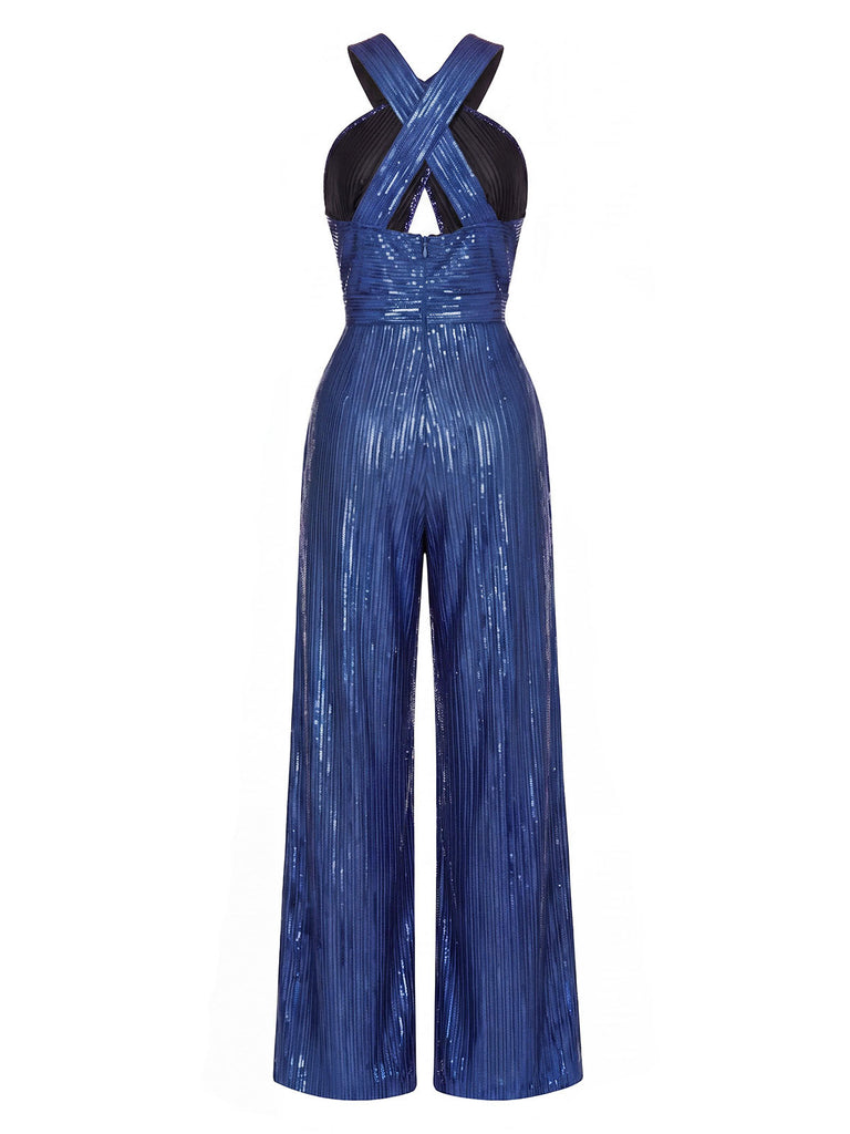 70er Pailletten-Jumpsuit mit Kreuz-Cut-out und Neckholder