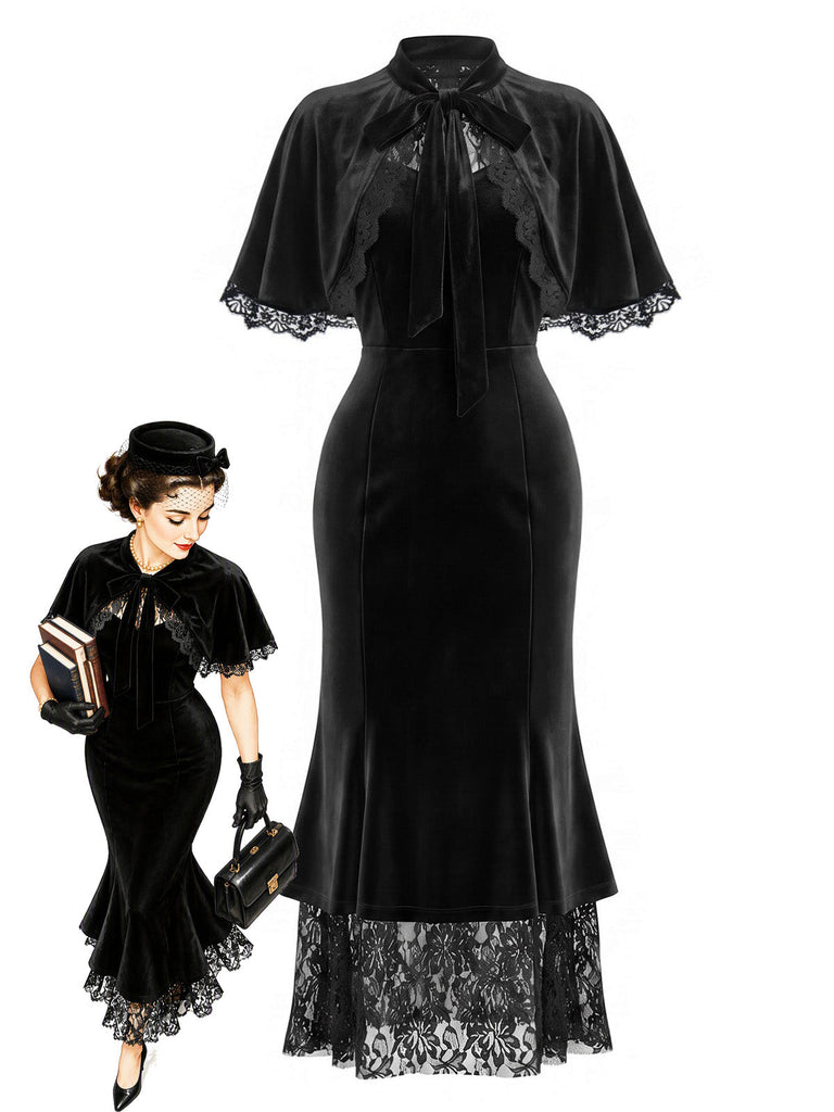 Schwarzes 30er Samt-Meerjungfrauenkleid mit Rüschen-Cape