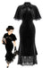 Schwarzes 30er Samt-Meerjungfrauenkleid mit Rüschen-Cape