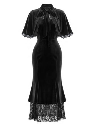 Schwarzes 30er Samt-Meerjungfrauenkleid mit Rüschen-Cape