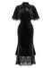 Schwarzes 30er Samt-Meerjungfrauenkleid mit Rüschen-Cape