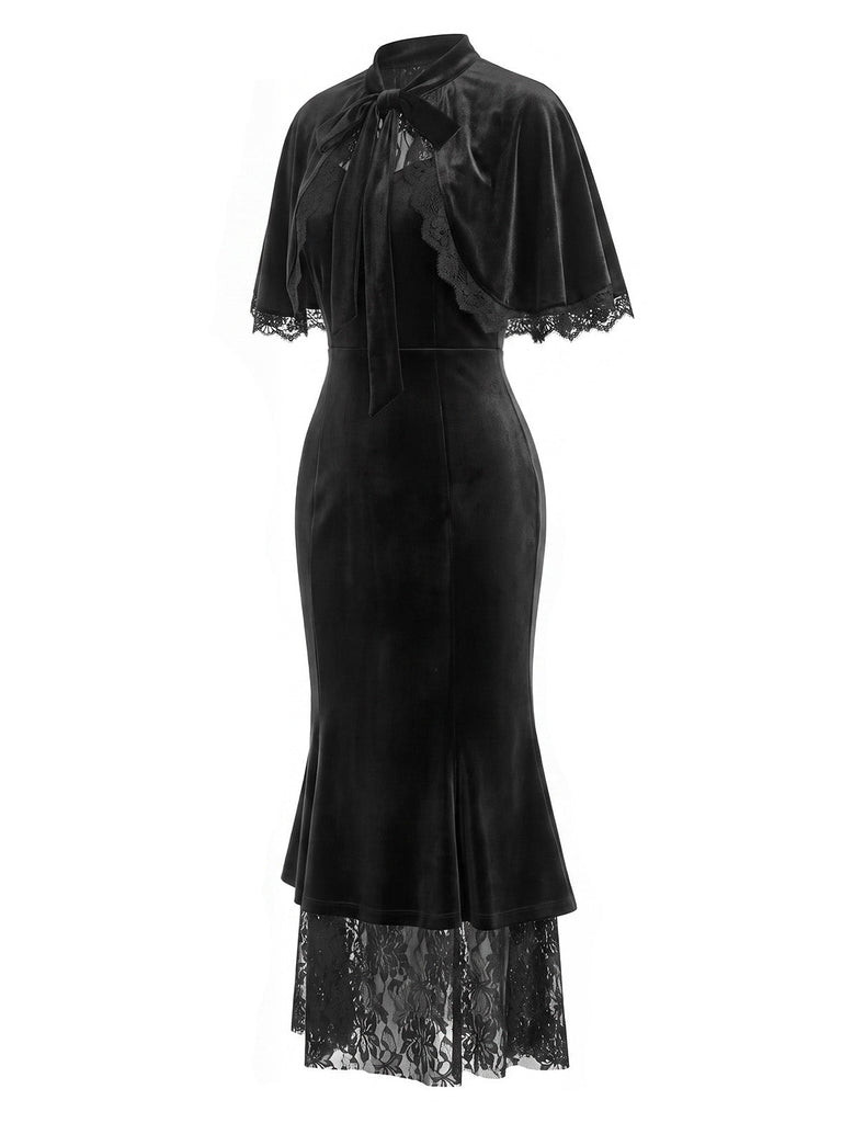 Schwarzes 30er Samt-Meerjungfrauenkleid mit Rüschen-Cape