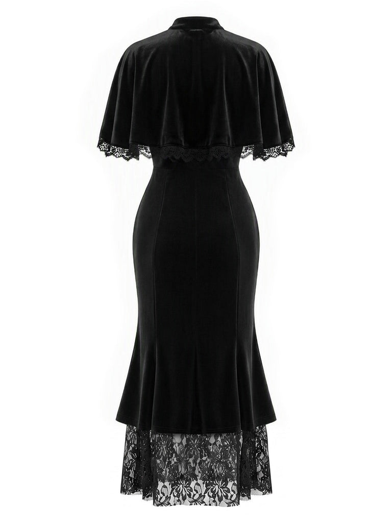 Schwarzes 30er Samt-Meerjungfrauenkleid mit Rüschen-Cape