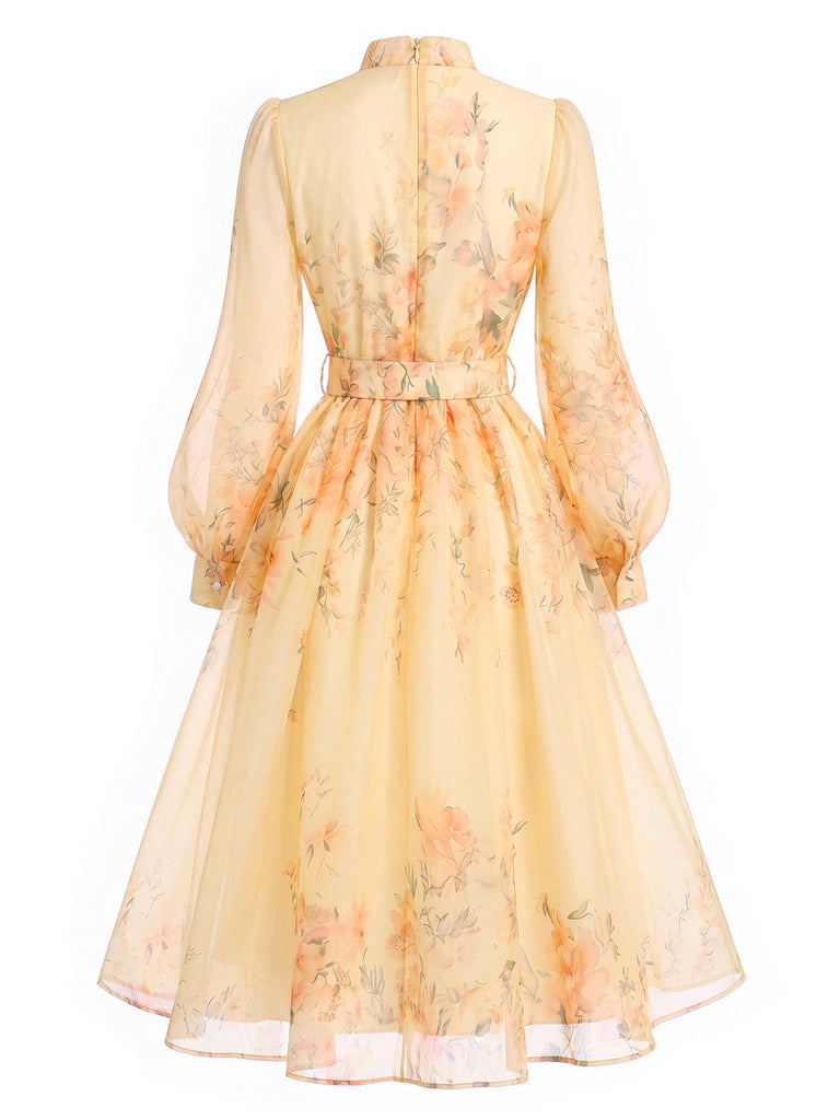 Oranges 50er Meshkleid mit Blumen und Ballonärmeln