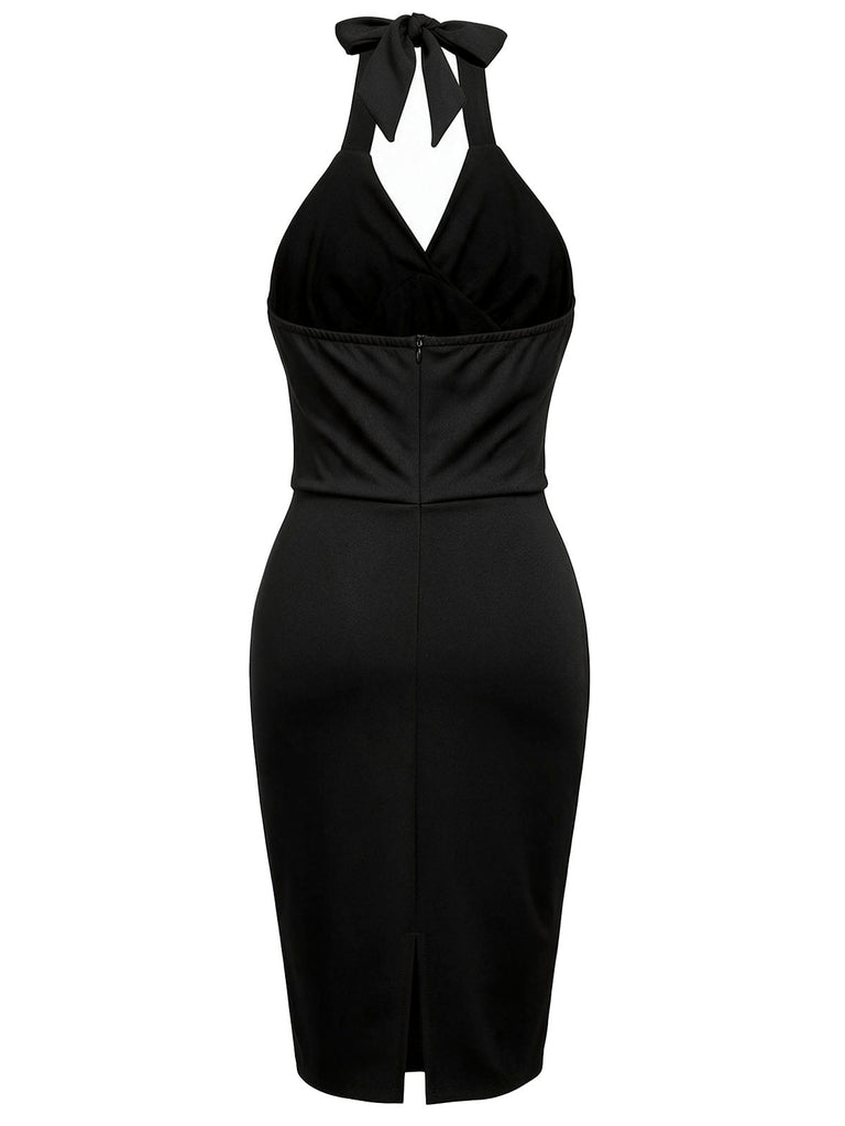 60er Neckholder-Bleistiftkleid mit Skelett-Hand- und Fledermausprint