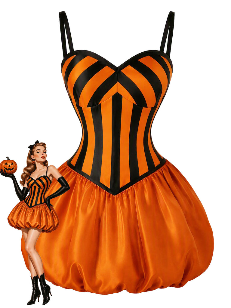 Orange 50er Streifen-Spaghettiträger-Bubblekleid