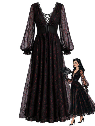 30er Spitzenkleid mit tiefem V-Ausschnitt und Ballonärmeln
