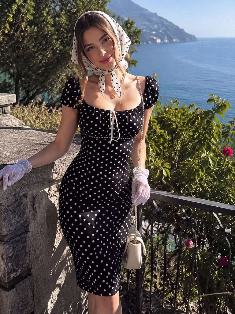 Schwarzes 60er Bleistiftkleid mit Karree-Ausschnitt