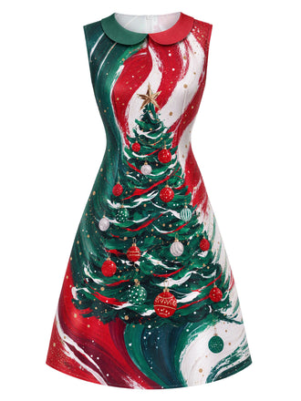 60er A-Linien-Kleid mit Weihnachtsbaum-Print und Bubikragen
