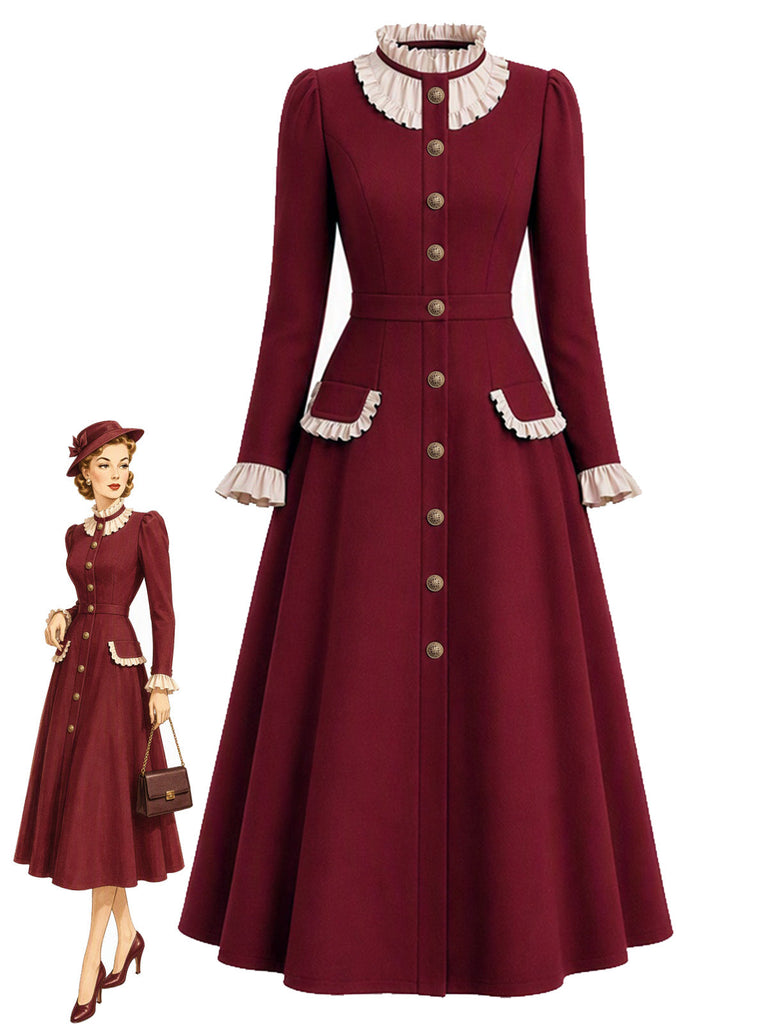 Burgunderrotes 50er Mantelkleid mit Rüschenkragen
