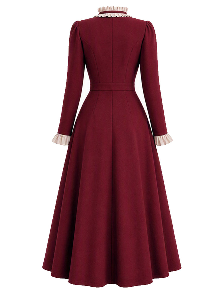 Burgunderrotes 50er Mantelkleid mit Rüschenkragen