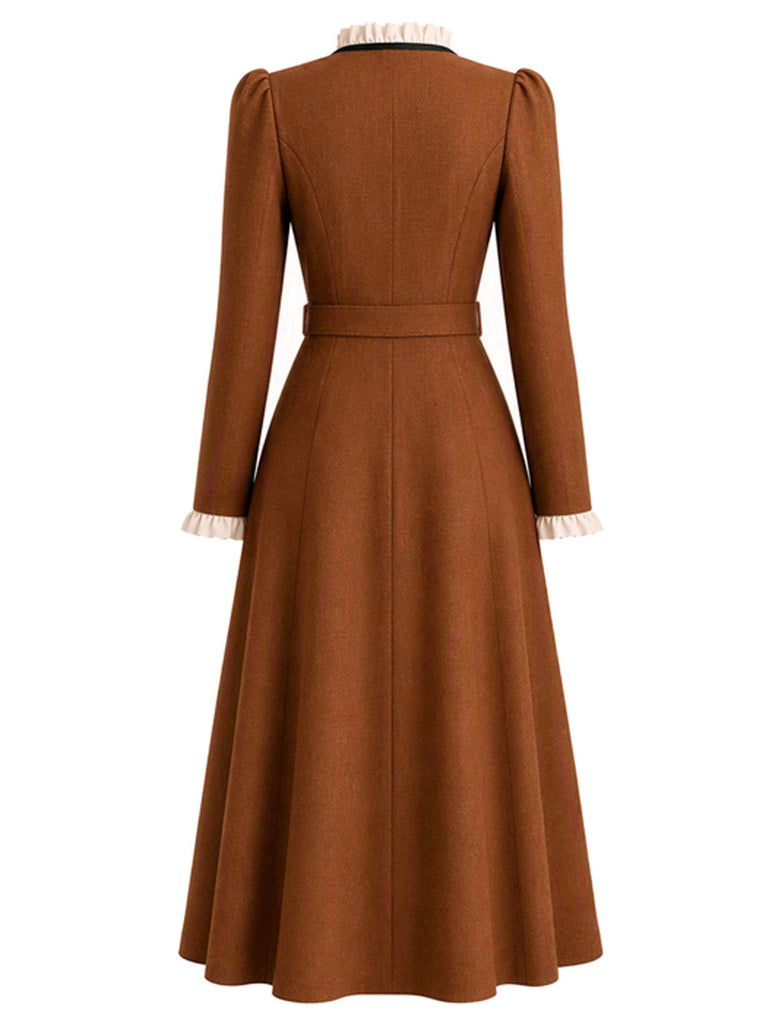 Karamellfarbenes 40er Midikleid mit Rüschen und Schleife