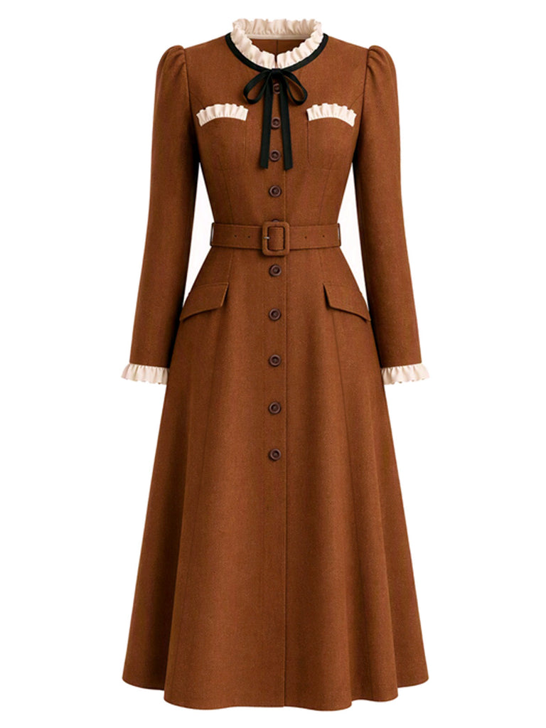 Karamellfarbenes 40er Midikleid mit Rüschen und Schleife