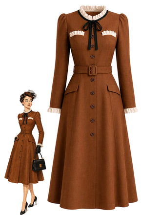 Karamellfarbenes 40er Midikleid mit Rüschen und Schleife