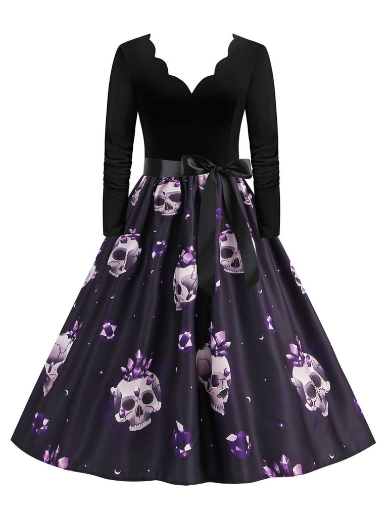 Lila 50er Swingkleid mit Kristall-Totenkopf-Print