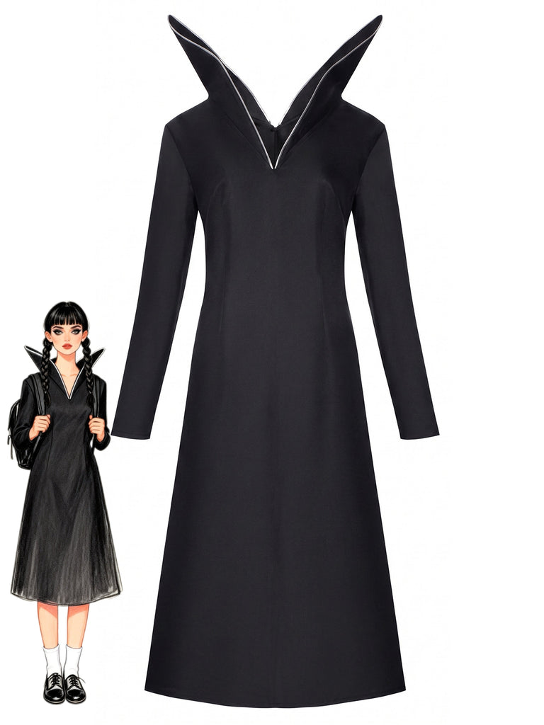 40er Gothic Midikleid mit hohem Kragen und Langarm